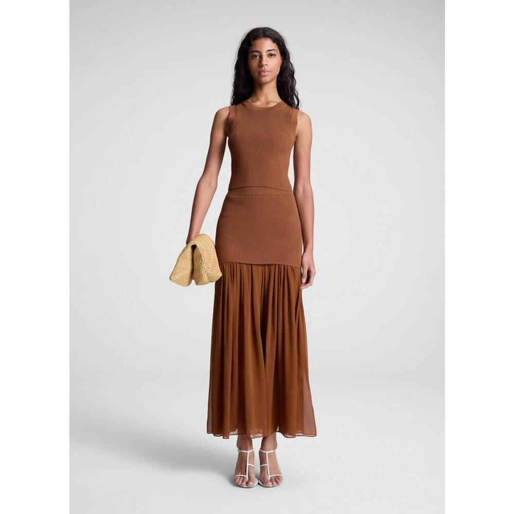 ALC Hayden Drop Waist Mixed Media Midi Skirt in Light Chestnut L